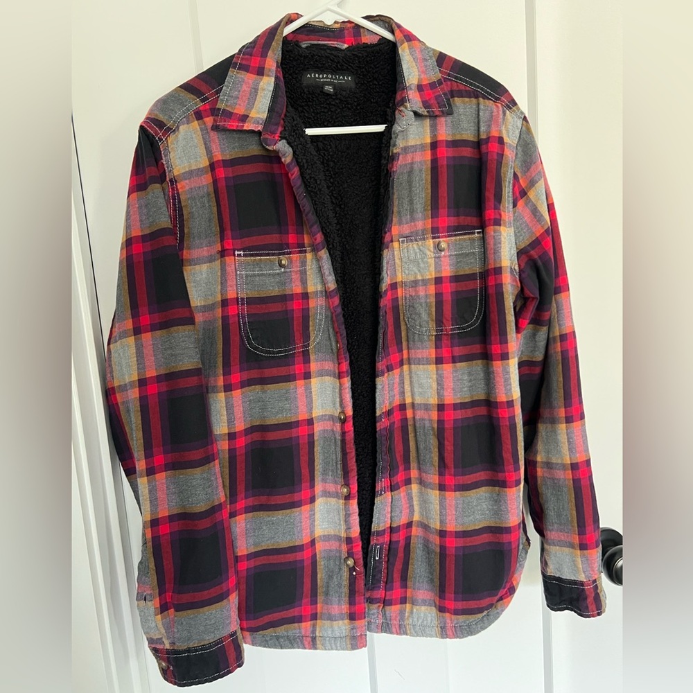 Aeropostale Pink & Black Plaid Sherpa-Lined Flannel Shirt: Size M